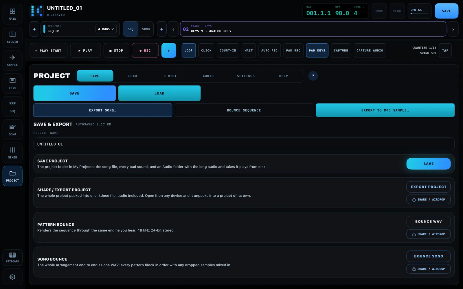 KDNCE on the Mac: PROJECT, SAVE AND EXPORT