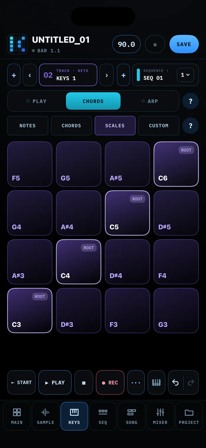 KDNCE on iPhone: KEYS, CHORDS